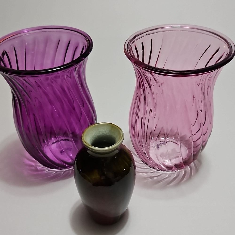 Set of Two Pink and Purple Glass Vases with Small Brown Vase